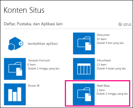 Halaman Konten Situs pada situs sederhana di SharePoint Online, menyoroti petak Aset Situs