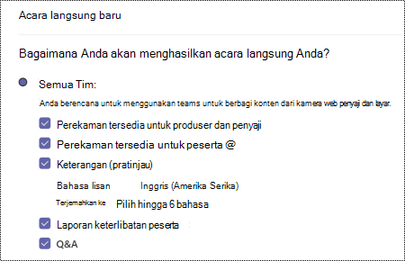 Kotak dialog untuk memilih opsi QA untuk acara langsung Teams saat menjadwalkan acara.