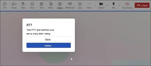 Jendela rapat Teams dengan panel RTT di bagian bawah browser web..
