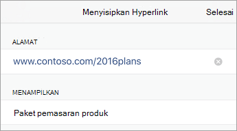 Perintah tautan, memperlihatkan URL (alamat), dan teks untuk ditampilkan