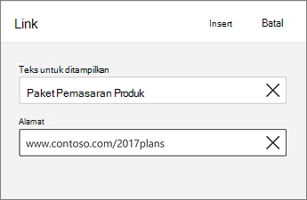 Perintah tautan, memperlihatkan teks ke layar dan alamat