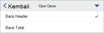 Perintah Opsi Gaya diperluas, dengan Baris Header dipilih