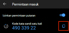 Kode akses satu kali diperlihatkan di tab Autentikator outlook seluler
