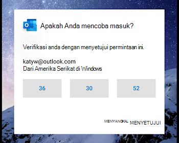 Cuplikan layar memperlihatkan Outlook seluler yang meminta Anda untuk mengonfirmasi nomor saat masuk