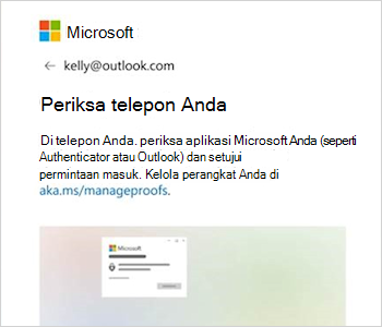 Cuplikan layar memperlihatkan perintah masuk dengan teks yang mengatakan periksa aplikasi Outlook Anda