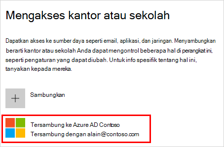 Cuplikan layar yang memperlihatkan jendela kerja atau sekolah Access dengan akun Azure AD Tersambung ke (organisasi Anda) dipilih