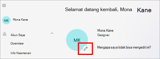 Cuplikan layar portal Akun Saya memperlihatkan foto profil pengguna, nama, dan berbagai opsi pengaturan akun seperti bahasa, zona waktu, dan pengaturan privasi. Ikon edit terlihat di atas foto profil, yang menunjukkan di mana pengguna bisa mengklik untuk memperbarui foto mereka.