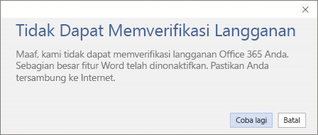 Cuplikan layar pesan kesalahan Tidak Dapat Memverifikasi Langganan