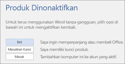 Cuplikan layar memperlihatkan pesan kesalahan Produk Dinonaktifkan