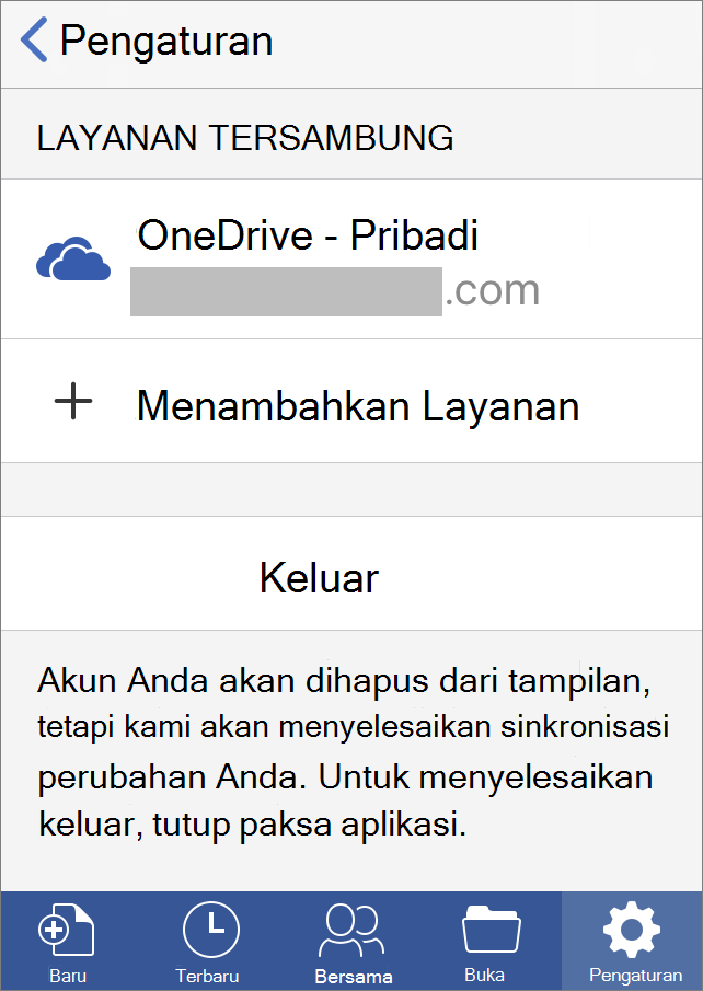 Menampilkan opsi untuk Keluar di Office untuk iOS
