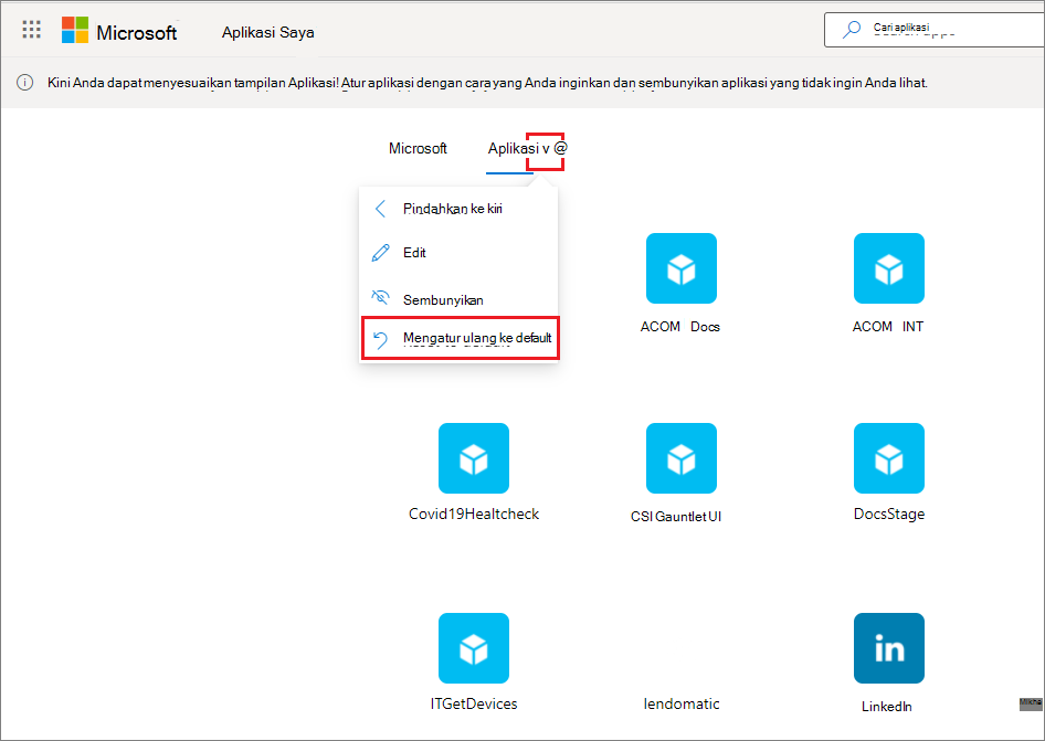 Menu Kumpulan aplikasi berisi perintah Atel ulang ke default.