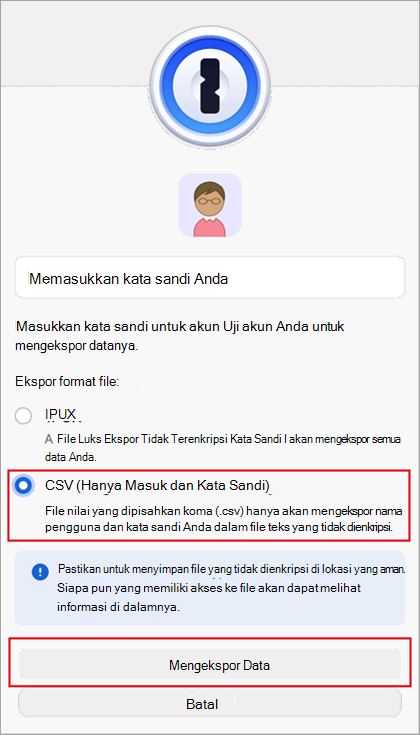 Dialog ekspor file 1Password.