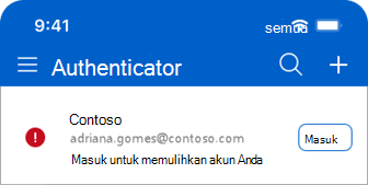 Cuplikan layar Microsoft Authenticator memperlihatkan pesan masuk untuk memulihkan akun Anda