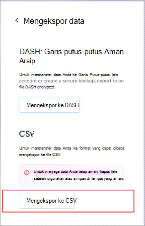 Menu ekspor data Dashlane, dengan tombol Ekspor ke CSV di dekat bagian bawah disorot.