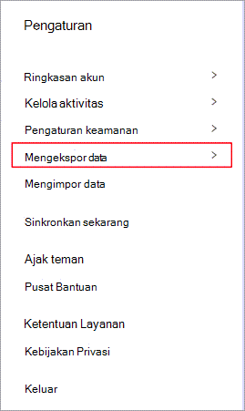 Menu pengaturan Dashlane dengan Ekspor data disorot.