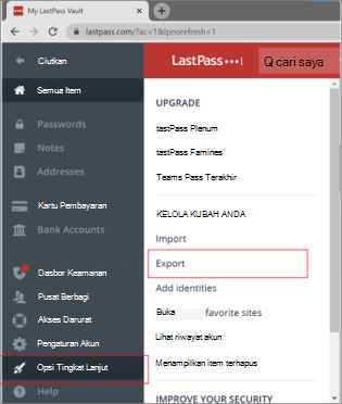 Locatio kata sandi ekspor Desktop LastPass