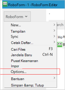 Menu opsi Roboform Desktop