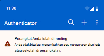Cuplikan layar yang menampilkan perangkat Anda di-jailbroken/berakar di Microsoft Authenticator.