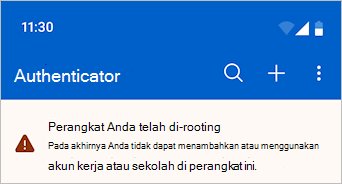 Cuplikan layar yang memperlihatkan Microsoft Authenticator dengan pesan peringatan.