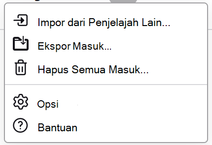 Menu kata sandi di Firefox, memperlihatkan Ekspor Masuk yang tersedia.