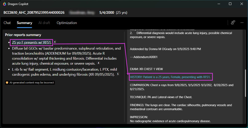 Screenshot that shows Prior report summary text with highlighted referenced text in the prior report.