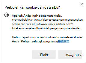 Cuplikan layar perintah yang muncul saat situs meminta izin untuk menggunakan cookie dan data situs pada situs lain