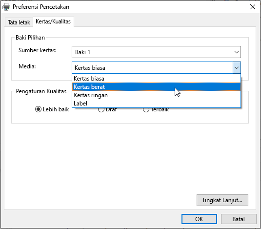 Preferensi dialog cetak sistem Windows