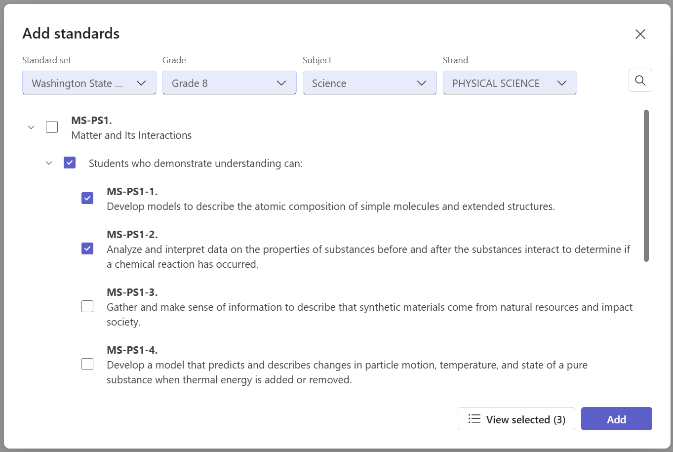 Standards picker with standards selected