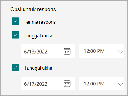 Cuplikan layar pengaturan formulir/kuis tempat pengguna dapat mengatur tanggal mulai dan berakhir untuk respons.