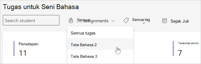 cuplikan layar filter yang tersedia dalam tampilan Tugas dan Nilai Wawasan. Anda dapat mencari menurut siswa, berdasarkan tugas menurut tag, atau menurut tanggal.