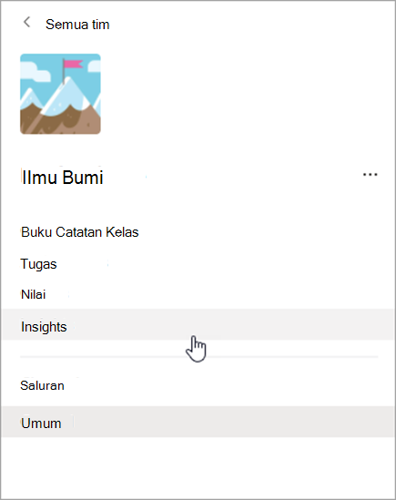 Cuplikan layar navigasi di Teams