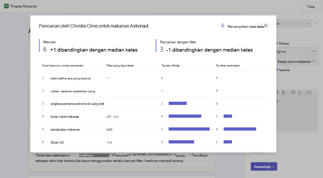 Jendela pop-up memperlihatkan gambaran umum yang lebih mendetail tentang pencarian yang dilakukan oleh siswa, dan bagaimana jumlah pencarian tersebut, dan pencarian yang dilakukan dengan filter, dibandingkan dengan median kelas.
