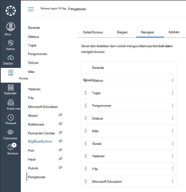 Aktifkan Microsoft Education di Canvas tautan navigasi kursus