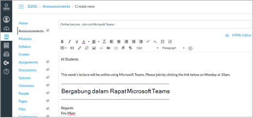 Tautan Microsoft Teams di postingan Kanvas