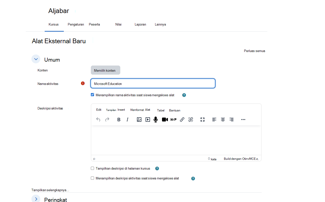 Dialog Alat Eksternal Baru Moodle