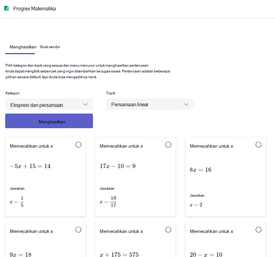 Cuplikan layar kemajuan matematika.