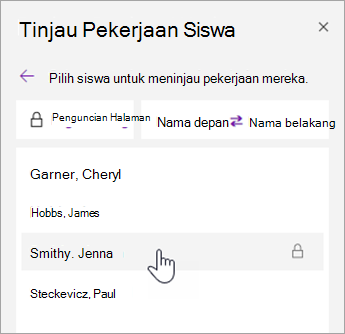 Cuplikan layar pengurutan nama.