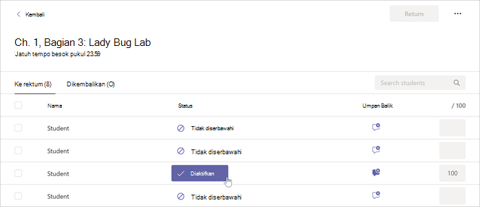 Kursor mengarahkan mouse di atas tombol Diserahkan di dalam Tugas yang dipilih di Microsoft Teams.