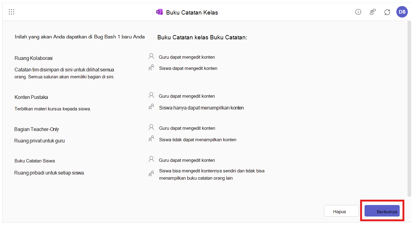 Aplikasi Buku Catatan Kelas terbuka dalam integrasi M365 LTI. Pengguna diminta untuk meninjau kerangka buku catatan