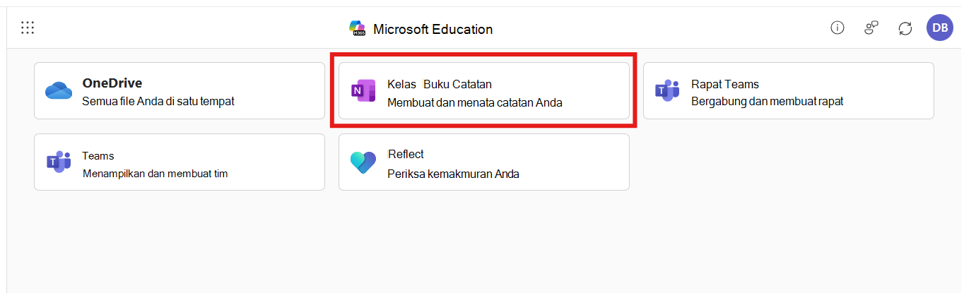 Aplikasi Microsoft 365 LTI dengan Buku Catatan Kelas dipilih