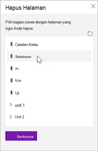 Pilih bagian siswa dengan halaman yang ingin Anda hapus.