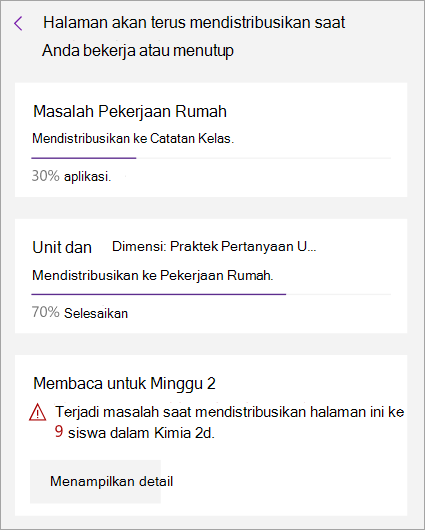 Kesalahan diperlihatkan saat mendistribusikan halaman di Buku Catatan Kelas.