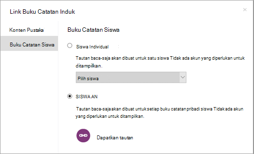 Buat tautan baca-saja untuk buku catatan siswa individual.