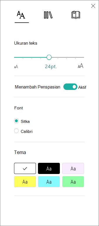 Menu Opsi Teks di Pembaca Imersif p