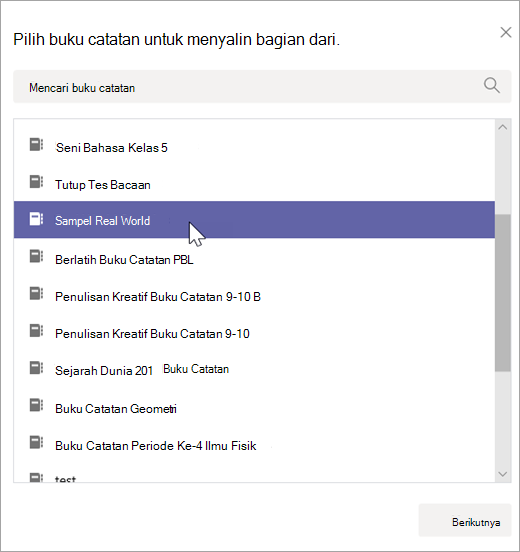 Pilih buku catatan untuk menyalin bagiannya.