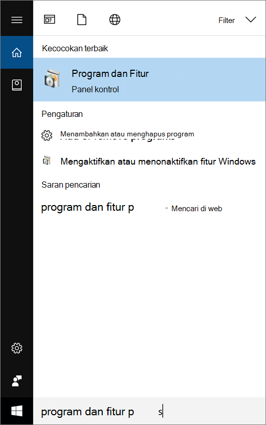 Buka menu Mulai, lalu ketik Program dan Fitur