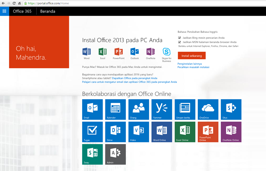 Cuplikan layar tentang cara menginstal Office 365 di PC.