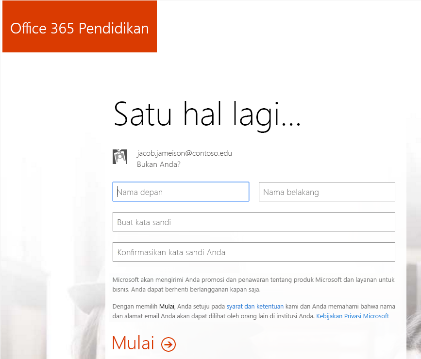 Cuplikan layar halaman pembuatan kata sandi untuk proses pendaftaran Office 365.