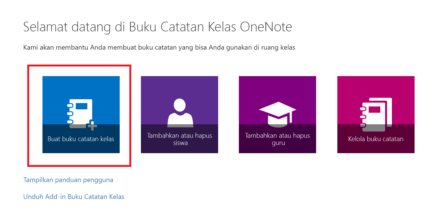 Cuplikan layar halaman selamat datang aplikasi Buku Catatan Kelas.