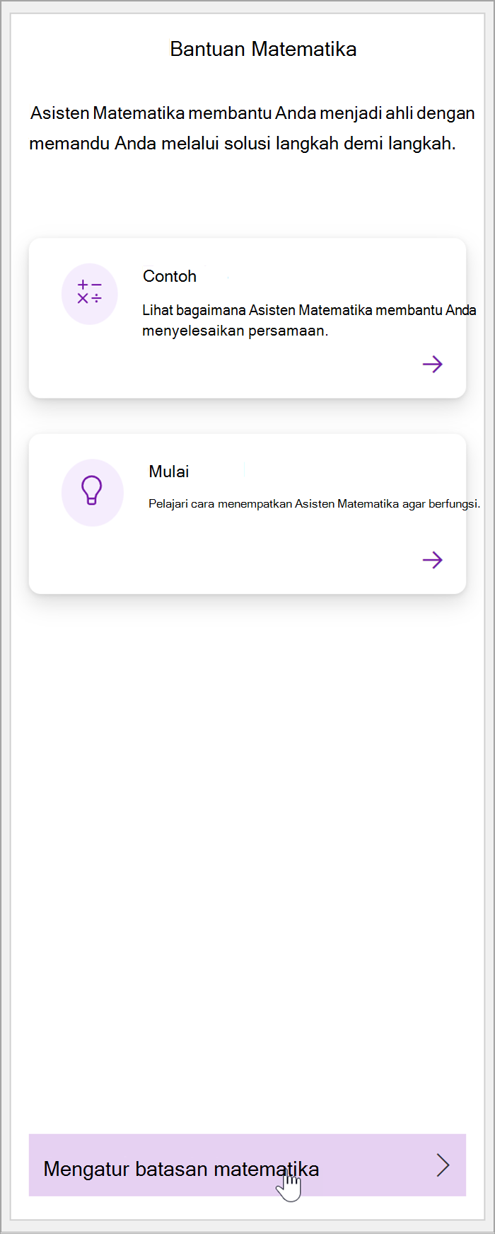 cuplikan layar panel matematika di OneNote. Kursor mengarahkan mouse ke atas tombol Atur Pembatasan Matematika